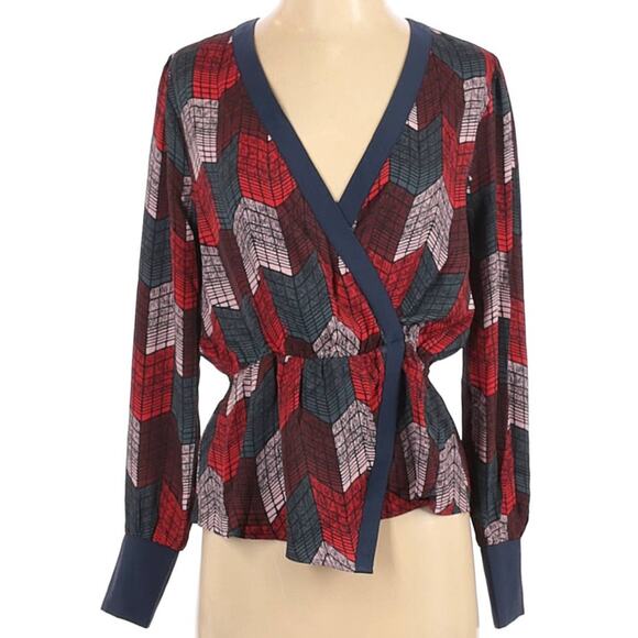 New BCBGMaxAzria Small Silky Wrap Peplum Blouse Top Geo Chevron Print Red Teal - Picture 9 of 12